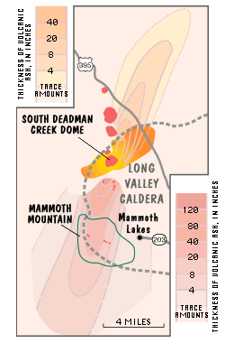 map showing distribution of ash from an eruption 600 years ago.