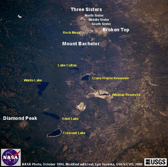 Annotated NASA Image, Three Sisters to Diamond Peak, October 1994