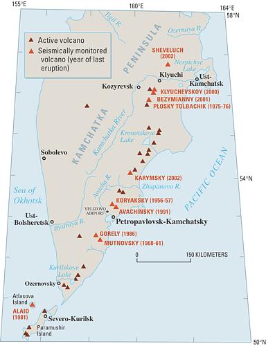 Map of Kamchatka Peninsula and its 20 active volcanoes