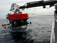 The ROV Ventana being deployed from the research vessel Point Lobos.