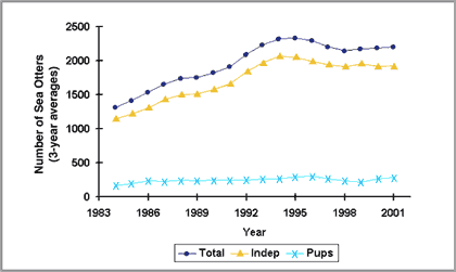 graph of 3-year averages of number of sea otters counted during spring surveys, over the period of 1983 through 2002, showing rise in otter population from 1983 to 1995 followed by a subsequent decline