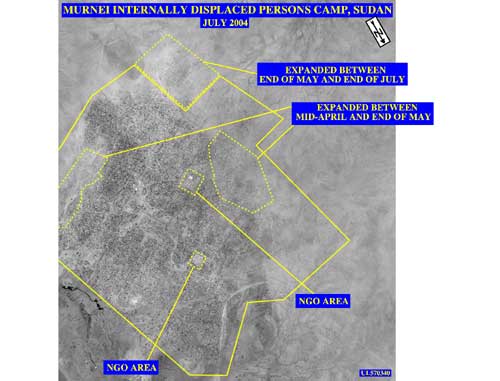 Satellite Photo: Murnei Internally Displaced Persons Camp, Sudan - July 2004, highlighting NGO area and camp expansion between mid-April and end of July