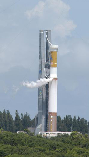 The Atlas V rocket is fueled for testing at the launch pad.