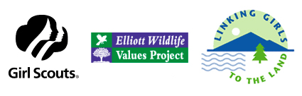 Girl Scouts logo, Elliott Wildlife Values Program logo, Linking Girls to the Land logo