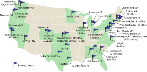 Map showing EPA facilities purchasing green or renewable power. Click for list of facilities.