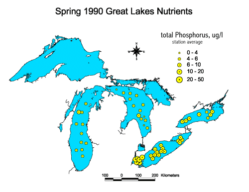 map of total P in the Great Lakes, Spring 1990