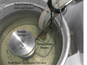 Hydrate pressure vessel in a temperature-controlled bath.