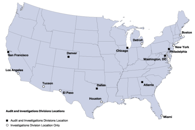 United States map indicating Audit and Investigations divisions geographic locations. Locations of both Audit and Investigations divisions include San Francisco, Denver, Dallas, Chicago, Atlanta, Philadelphia, and Washington, D.C.  Locations of Investigations division only include Los Angeles, Tucson, El Paso, Houston, Miami, Detroit, New York, and Boston.