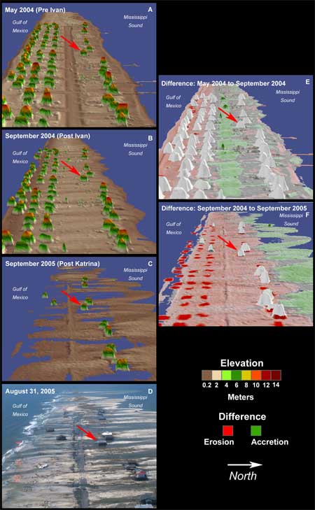 Dauphin Island, Alabama. Three-dimensional views of island topography, post-Katrina oblique aerial photograph, and differences in topography from Hurricanes Ivan and Katrina.