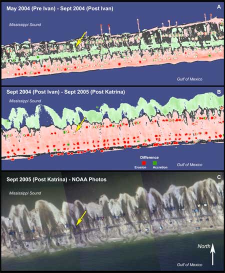 Dauphin Island, Alabama. Map views of post-storm difference grids for Hurricanes Ivan (A) and Katrina (B), and vertical photography of the same location (C).