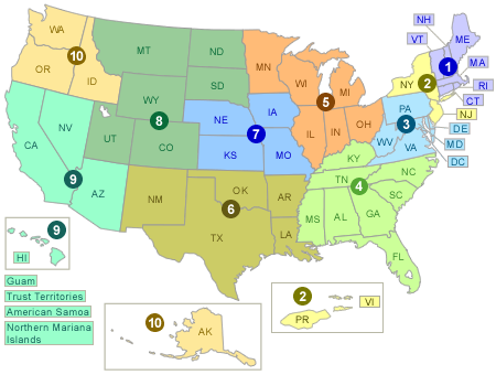 Map of the United States with Regions plotted out.