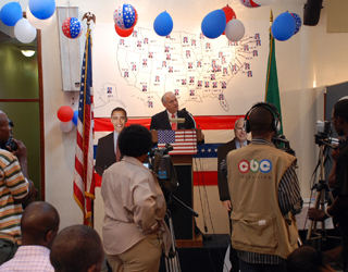 Ambassador Donald E. Booth during a post-election night media briefing.