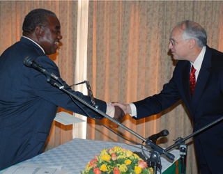 Ambassador Donald E. Booth.  Presentation of Credentials to His Excellency Rupiah Banda, Acting President of the Republic of Zambia. State House. October 23, 2008.