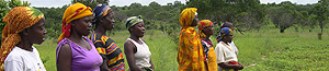 Photo of colorfully dressed women standing in lush green field