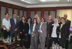 Andrea Bottner, back row center, and Deborah Emmert, far left, meet with nine of Egypt’s recently-appointed female judges in Cairo. Also in the meeting is Assistant Minister of Justice Osama Ataweya, second from left. [Photo courtesy of May Abdeldayem, U.S. Embassy in Cairo, July 15, 2008]