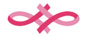 Two pink ribbons overlapping horizontally with loops on opposite ends and open ends touching.