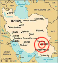 Map of Iran with earthquake epicenter highlighted