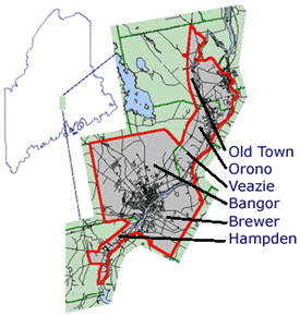 Map that shows where Indian Island is located in the Penobscot River, near the town of Old Town, Maine. Nearby towns that are downstream are Orono, Veazie, Bangor, Brewer, and Hampden. Map from http://www.bactsmpo.org/abtbacts.htm