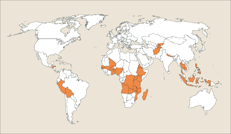 Map of countries receiving USAID assistance for Malaria Control. These countries include: Honduras, Bolivia, Peru, Senegal, Burkina Faso, Ghana, Benin, Nigeria, Eritrea, Ethiopia, Kenya, Uganda, Democratic Republic of Congo, Angola, Zambia, Rwanda, Tanzania, Malawi, Mozambique, Madagascar, Afghanistan, Tajikistan, Kyrgyzstan, Nepal, Philippines, Thailand, Cambodia, Indonesia.