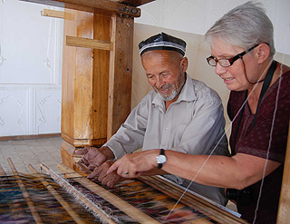 Ms. Martens with an Uzbek ikat weaver