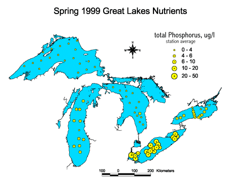 map of total P in the Great Lakes, Spring 1999