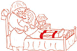 Childlike drawing of a parent and a child sitting at a bedside talking