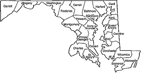 Map showing Maryland broken up into  23 counties.
