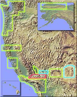 Shaded relief map of the western United States showing the location of current mapping project areas 