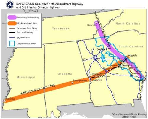 Map shows portions of Mississippi, Alabama, Georgia, Tennessee, South Carolina and North Carolina with corridors stretching approximately east to west from Natchez, Mississippi to Augusta, Georgia and north to south from Knoxville, Tennessee to Savannah, Georgia.