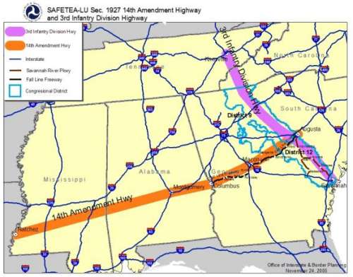 Map shows portions of Mississippi, Alabama, Georgia, Tennessee, South Carolina and North Carolina and portions of Interstates in that region with corridors stretching approximately east to west from Natchez, Mississippi to Augusta, Georgia and north to south from Knoxville, Tennessee to Savannah, Georgia.