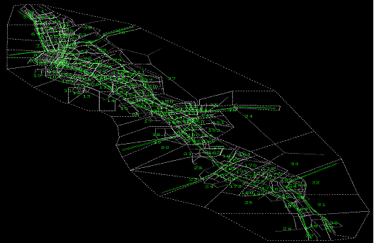 Figure 4.4 is a map of the Mesoscopic simulation model of the I-880 corridor.  The map includes the road network and zones system of the model, which ranges from Oakland to Fremont, and San Francisco Bay to the Diablo Mountain Range.