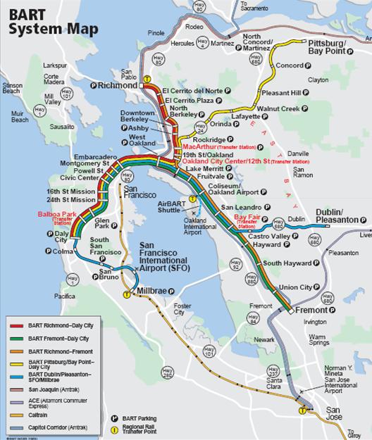 Figure 4.8 is the systemwide map of BART.  The map covers the entire Bay Area from San Jose in the South to the Straits of Carquinez in the North.  BART consists of five distinct lines:  Richmond to Daily City, Fremont to Daily City, Richmond to Fremont, Pittsburg/Bay Point to Daily City, and Dublin/Pleasanton to SFO/Milbrae.  Also shown on the map are the Amtrak, Altamont, and Caltrain commuter train lines.