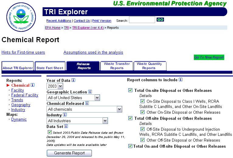 Screen shot of a sample page at the TRI Explorer Web site: www.epa.gov/triexplorer