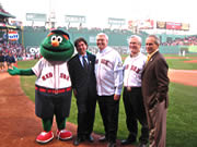 From Left: Boston Red Sox mascot Wally the Green Monster, Allen Hershkowitz (NRDC), Stephen Johnson (EPA Administrator), John Adams (founder of NRDC) and Larry Lucchino (CEO of Boston Red Sox) celebrate Earth Day in Boston, April 22, 2008.