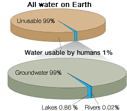 Pie charts of the distribution of water on Earth. 