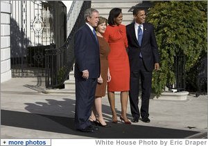 President George W. Bush and Mrs. Laura Bush welcome President-elect Barack Obama and Mrs. Michelle Obama to the White House Monday, Nov. 10, 2008, after the couple's South Portico arrival. White House photo by Eric Draper