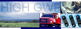 Photo collage of globe and landscapes as well as emission sources of high global warming potential gases including: vehicle exhaust and semi-conductor manufacturing with text high gwp