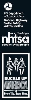 US/DOT logo, NHTSA people saving people logo, BUA every trip every time logo