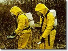 EPA responders practice responding to a radiological emergency in the Agency-wide exercise, Ruby Slippers.  In this picture, responders search for pieces of radioactive sources.