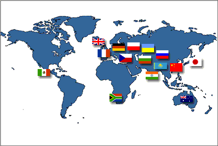 Map of the world displaying the flags of the fifteen countries that have worked with CMOP since its inception: Australia, Bulgaria, China, Czech Republic, France, Germany, India, Japan, Kazakhstan, Mexico, Poland, Russian Federation, South Africa, Ukraine, and United Kingdom.