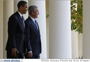 President George W. Bush and President-elect Barack Obama pause for photographs Monday, Nov. 10, 2008, on the Colonnade as the President welcomed his successor and Mrs. Michelle Obama to the White House. White House photo by Eric Draper