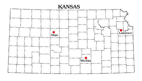 Map of Kansas showing locations of 
     Kansas District office and field offices in Hays, Lawrence, and Wichita