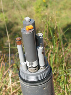 Water-quality monitor used to measure specific conductance, pH, water temperature, dissolved oxygen, and turbidity in streams.