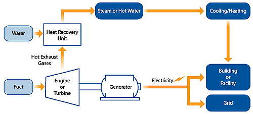 This graphic shows a gas turbine- or internal combustion engine-based CHP system. Fuel is combusted to generate electricity for onsite use or to be exported to the power grid. Simultaneously, heat is recovered using a heat recovery steam generator (HRSG) that produces steam or hot water for process applications or space heating.