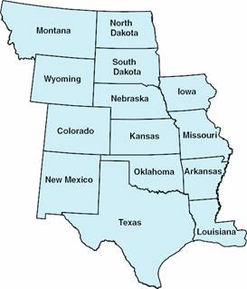 Index map of central states:  Montana, Wyoming, Colorado, New Mexico, North Dakota, South Dakota, Nebraska, Kansas, Oklahoma, Texas, Iowa, Missouri, Arkansas, and Louisiana