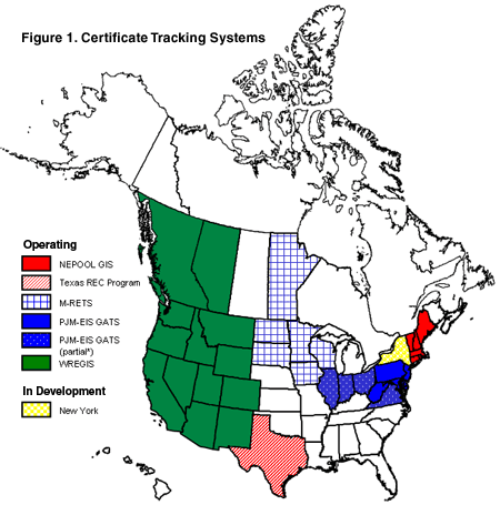 •	Figure 1 is a map showing REC tracking systems that have been developed for North America. Operating tracking systems, NEPOOL GIS:  New England; Texas REC Program:  Texas; M-RETS:  Upper Midwest, Manitoba, Canada; 	PJM-EIS GATS:  Delaware, Maryland, Pennsylvania, West Virginia; PJM-EIS GATS (partial): Illinois, Indiana, Ohio, Virginia; WREGIS:  Western United States, British Columbia, Alberta, Canada; In development: New York.