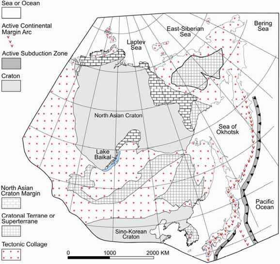 map of northeast Asia showing seven elements;  Sea or ocean, active continental margin ard, active subduction zone, craton, north Asian craton margin, cratonal terrane or superterrane, and tectonic collage