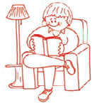 Childlike drawing of a child sitting and reading a book