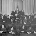 Close-up photo of Winston Churchill speaking in Senate Chamber.