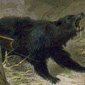 Color painting of a bear and a man on horseback